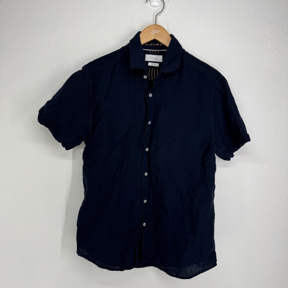 Porter & Ash Mens 100% Linen Short Sleeve Button Down Shirt Navy Blue Size M